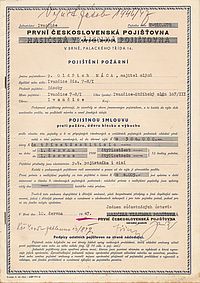 Pojistka HVP z roku 1947 přepsaná na První československou pojišťovnu, n.p.