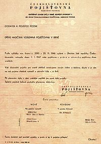 Dodatek k pojistce HVP pořízený Československou pojišťovnou, n.p. roku 1949
