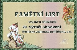 Pamětní list vydaný k 20. výročí obnovení činnosti Hasičské vzájemné pojišťovny